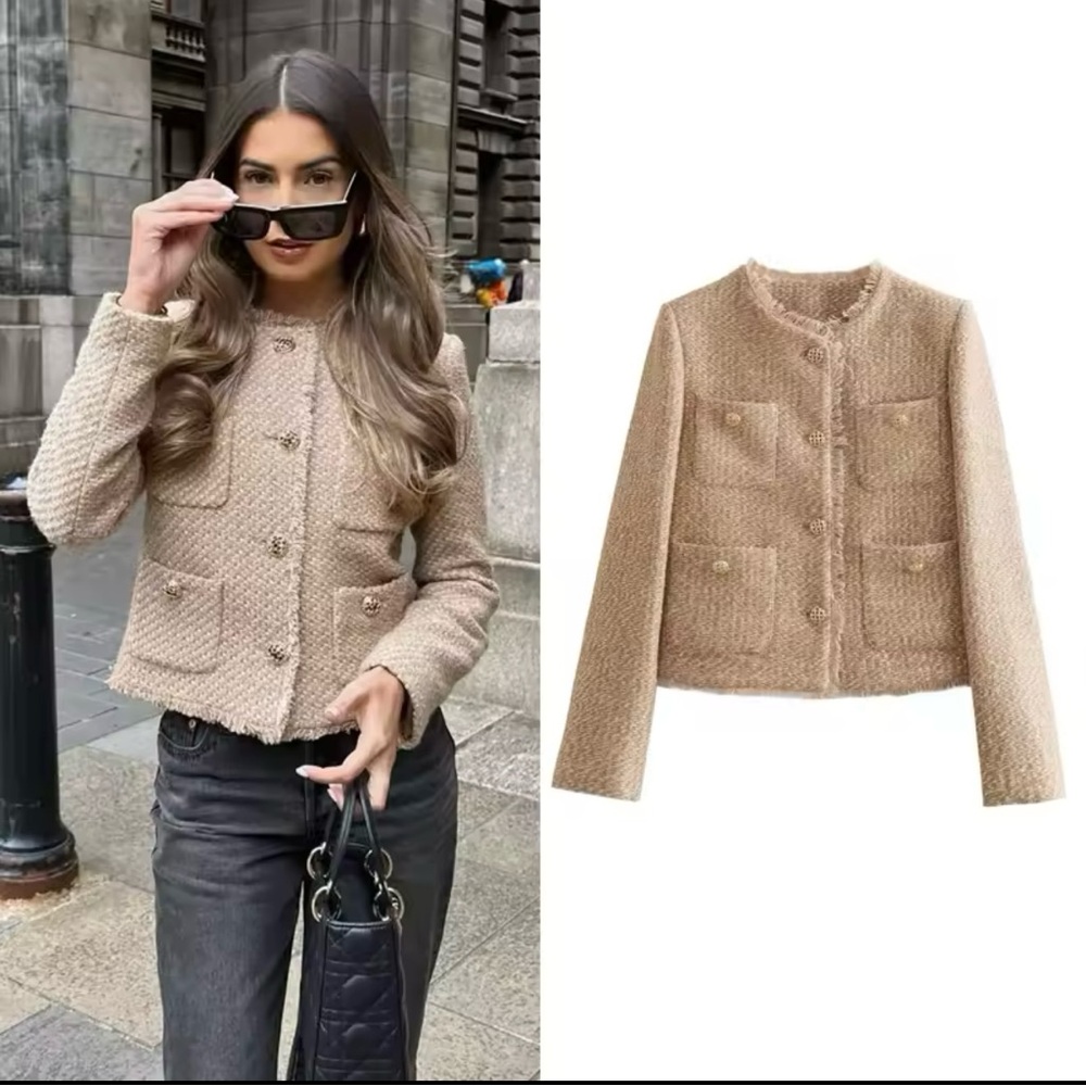Tan Textured Blazer with Long Sleeves tweed gold brown jacket coat nwot